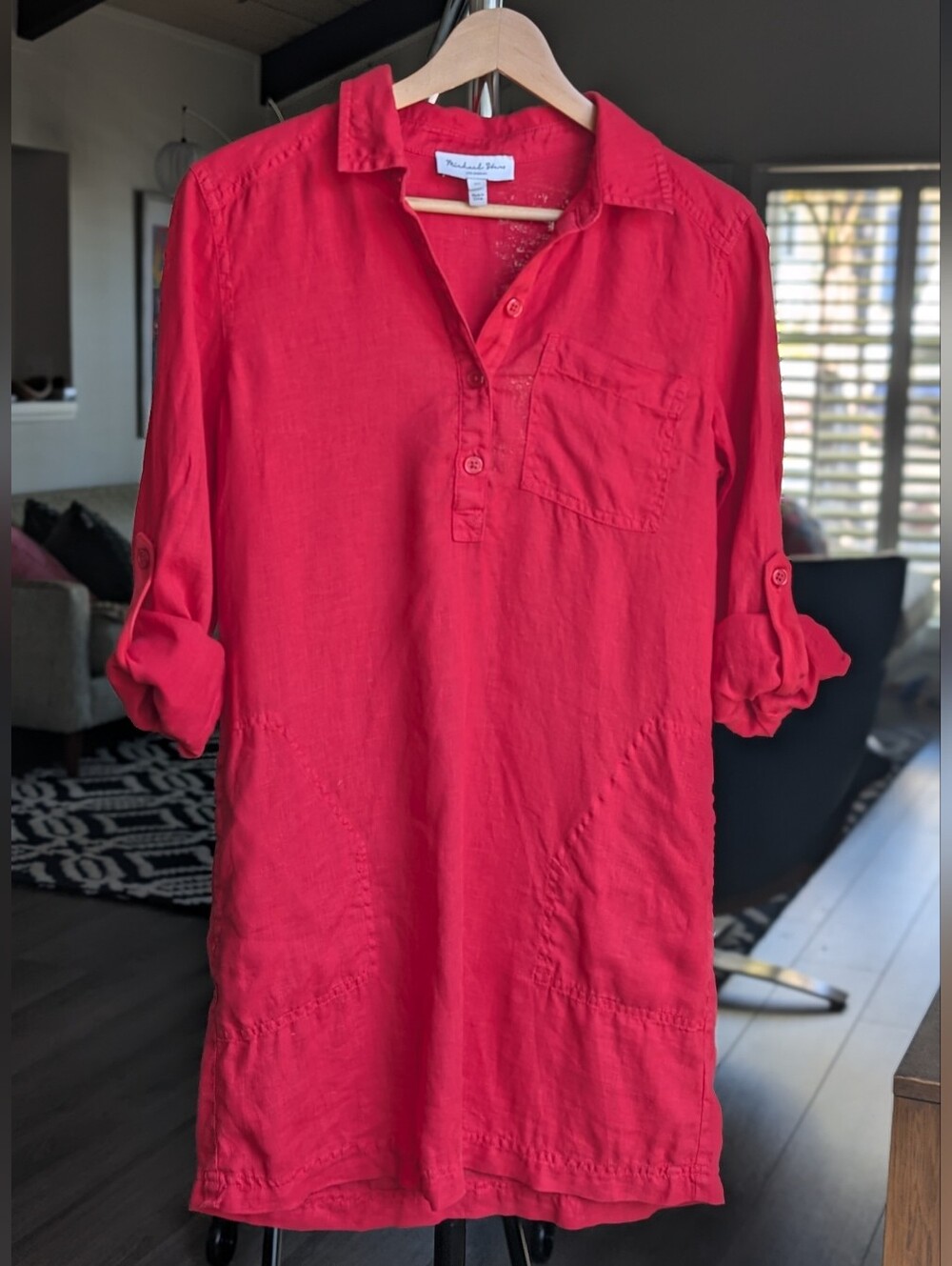 Michael Stars Apple Red 100% Linen Button-Front Shirt Dress w/ Pockets Sz XS 🍎